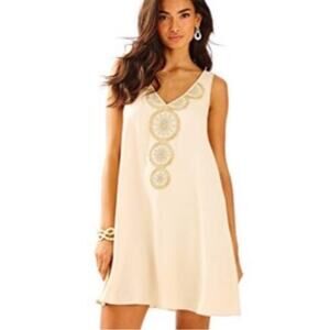 Lilly Pulitzer | Fia Mini Shift Dress Beaded Embellished Sand Dune Gold Tan XS